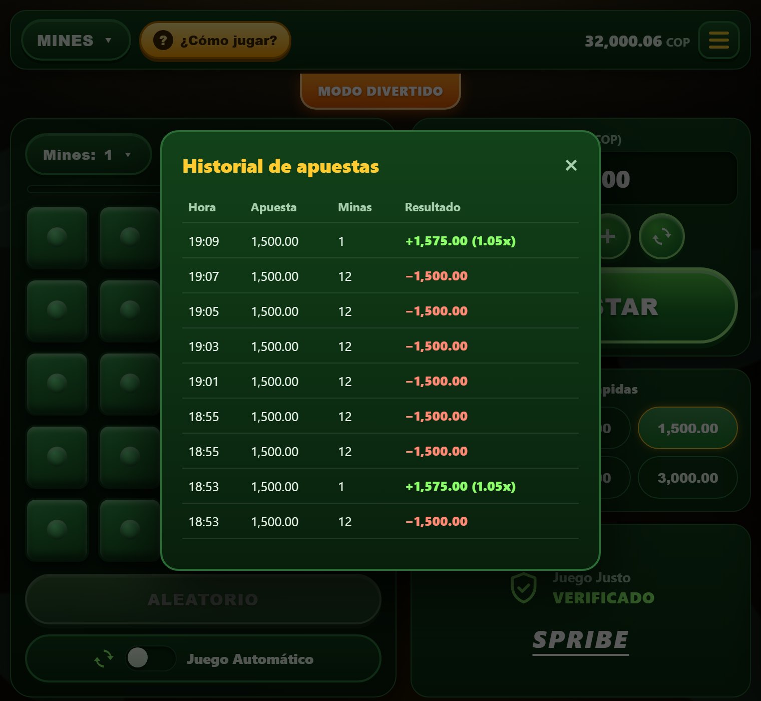 Mines historial de rondas — resultados con sus multiplicadores
