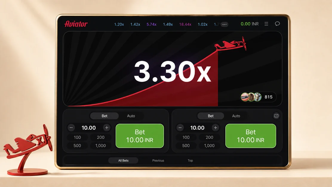 Interfaz realista de Aviator con avión rojo, curva del multiplicador y dos paneles de apuesta
