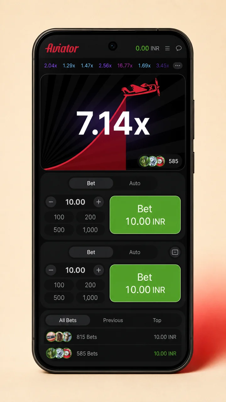 Aviator abierto en un teléfono con gráfico, historial y dos paneles Bet y Auto