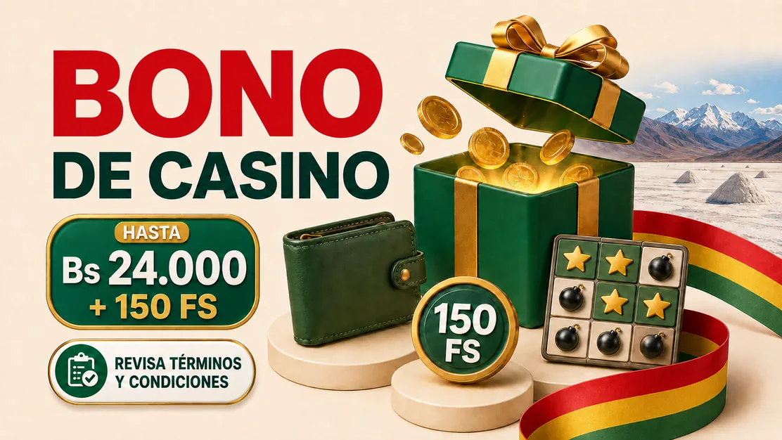 Paquete de bono de casino junto a un tablero Mines en Bolivia