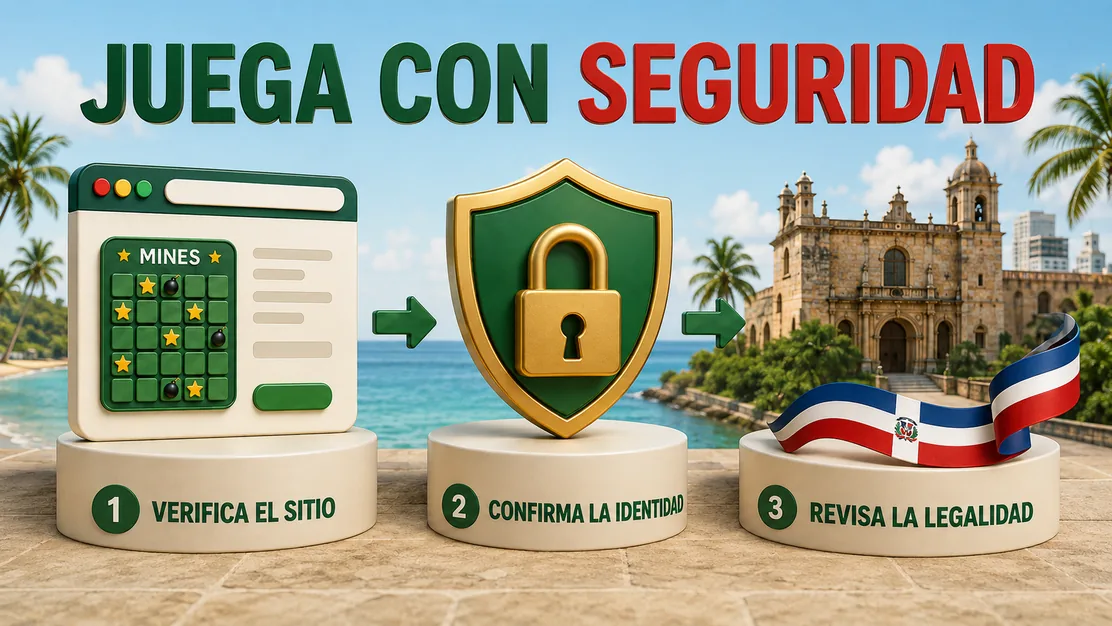 Mines en República Dominicana con Santo Domingo, costa caribeña y un símbolo de seguridad