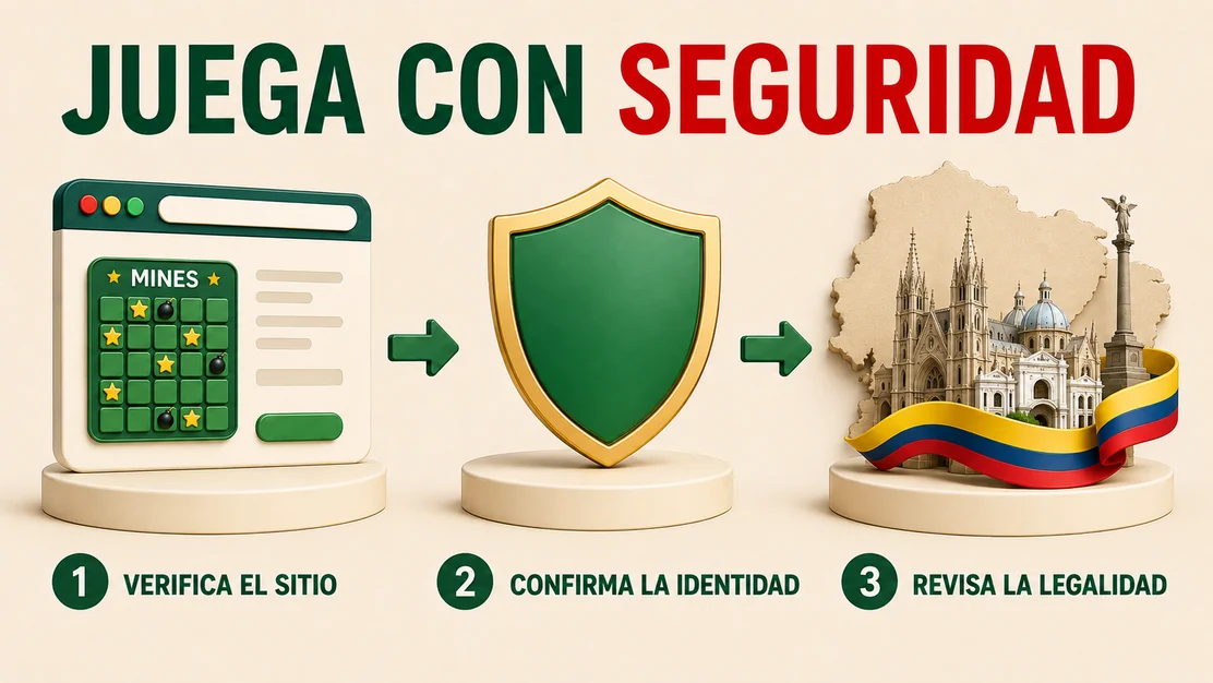 Mines Ecuador con Quito, los Andes y un símbolo de verificación