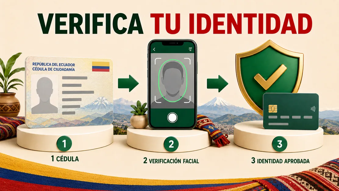 Verificación KYC con cédula ecuatoriana, selfie y medio de pago