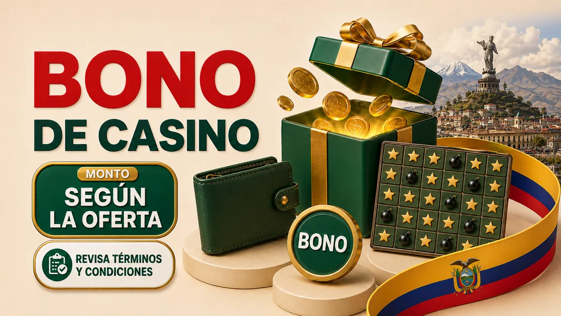 Paquete de bono de casino junto a un tablero Mines en Ecuador