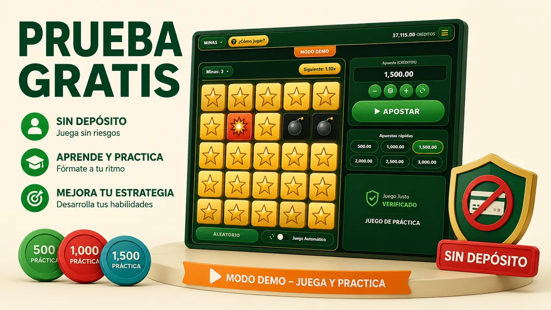 Mines en modo demostración con fichas virtuales y tablero de práctica