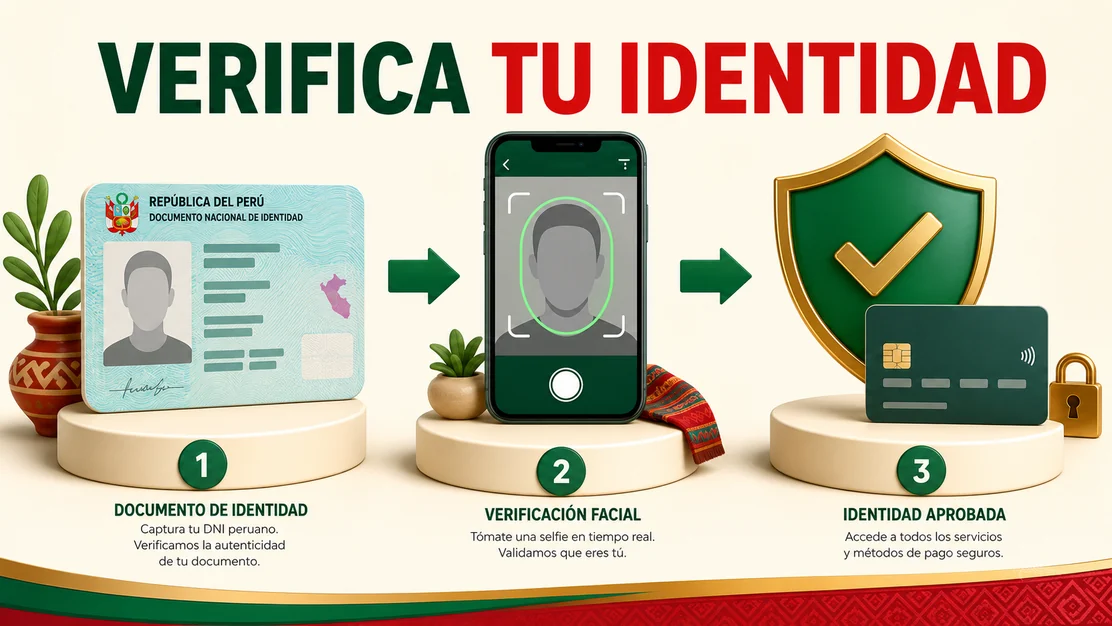 Verificación KYC con DNI peruano, selfie y medio de pago protegido