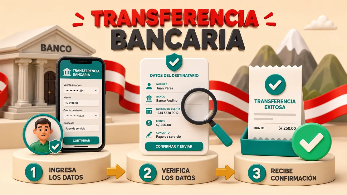 Datos bancarios verificados, comprobante y confirmación de una transferencia para una cuenta peruana