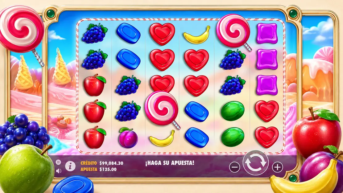 Interfaz original de Sweet Bonanza con cuadrícula 6 por 5, frutas, caramelos y símbolos Scatter