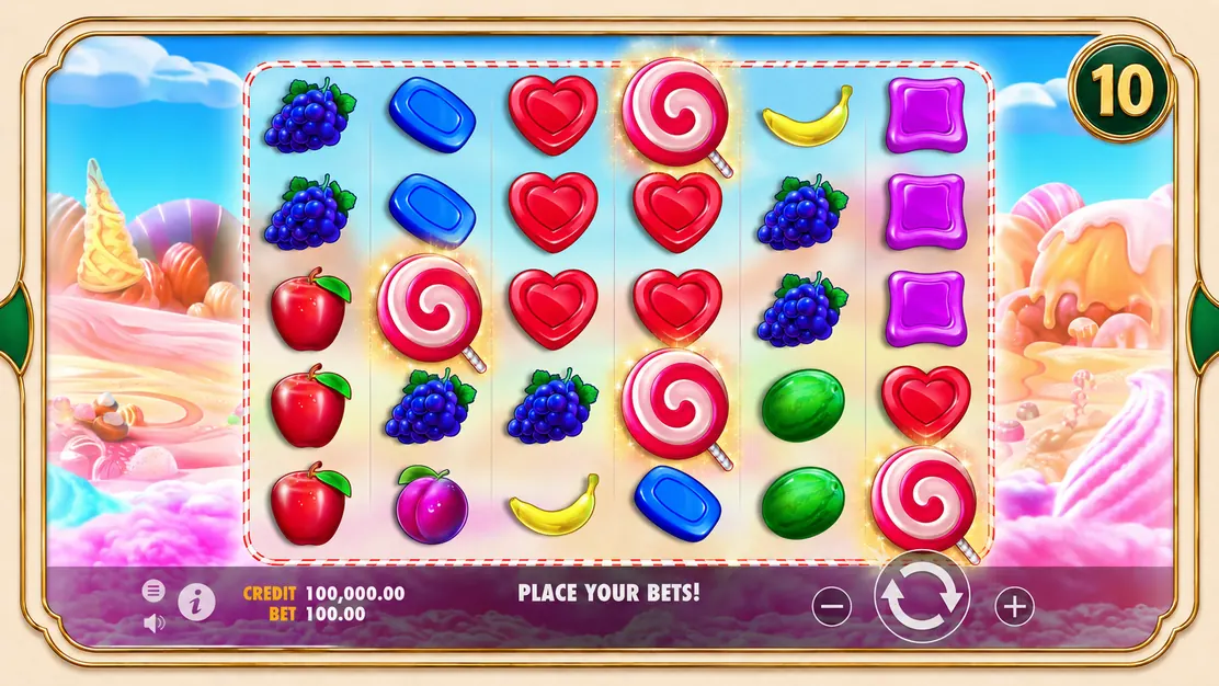 Cuatro lollipops Scatter en la cuadrícula de Sweet Bonanza activando diez giros gratis
