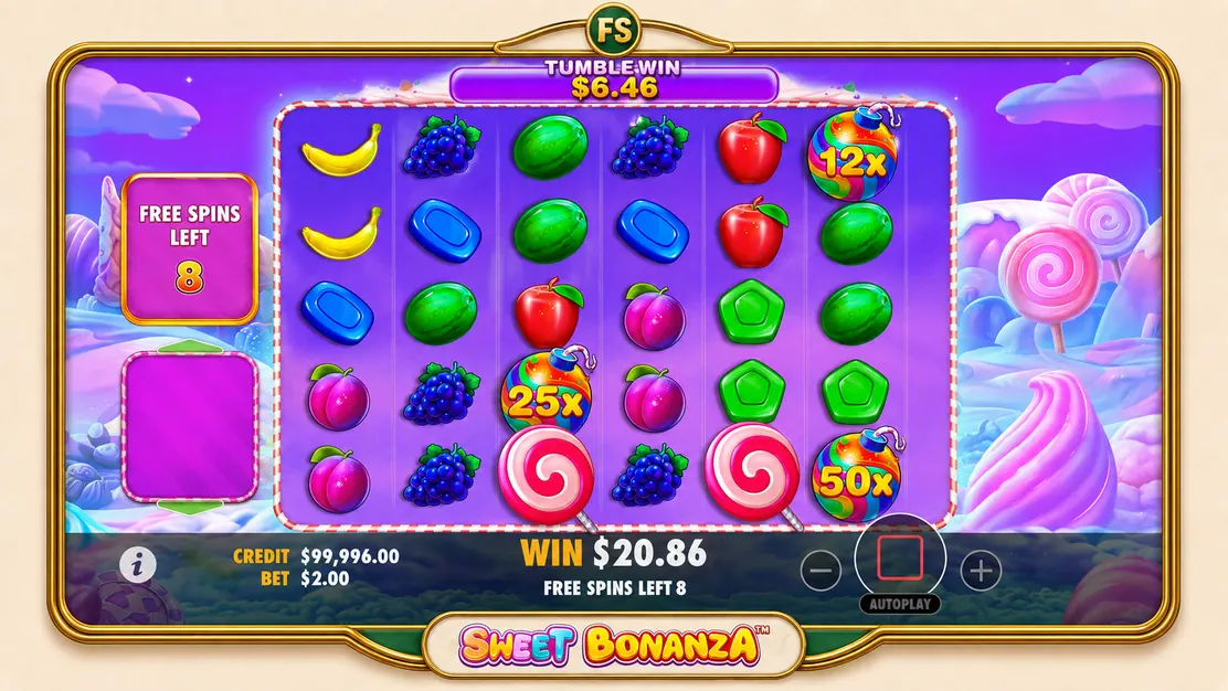 Bono original de Sweet Bonanza con bombas multiplicadoras de 12x, 25x y 50x