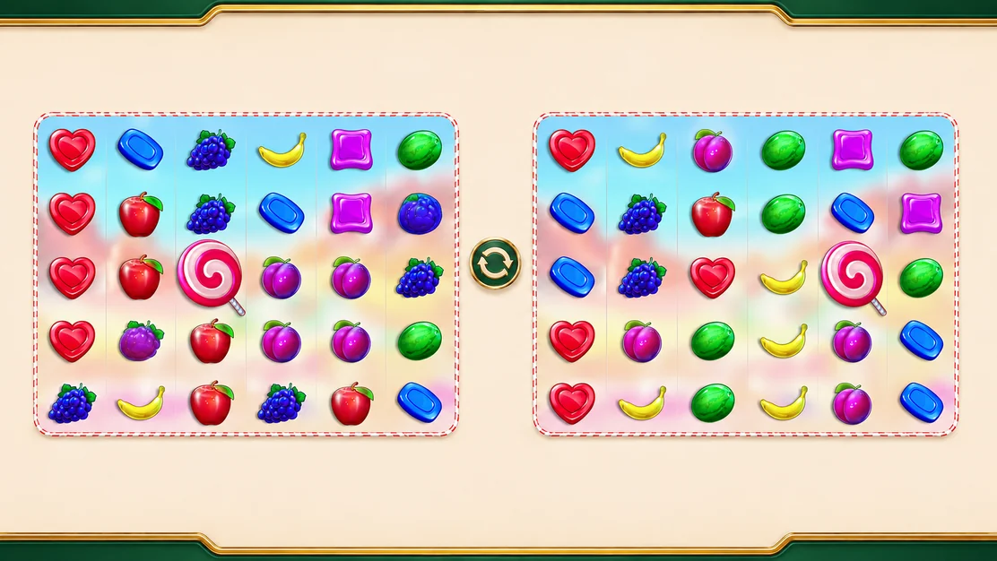 Dos cuadrículas diferentes de Sweet Bonanza separadas para mostrar que cada giro pagado es independiente
