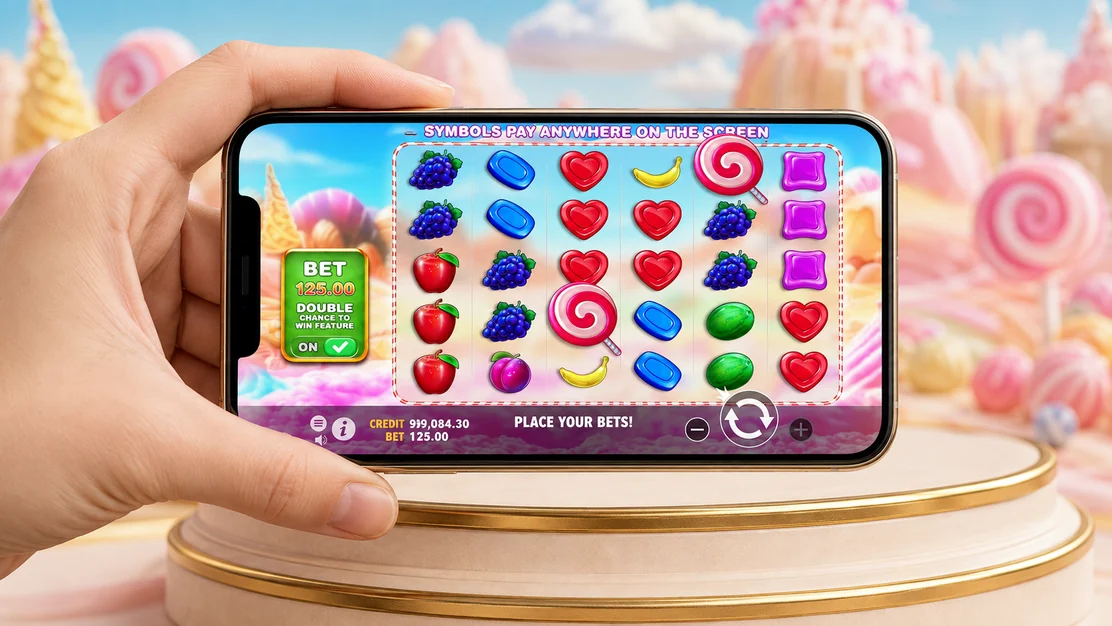 Sweet Bonanza original en un teléfono móvil con la cuadrícula 6 por 5 y controles visibles