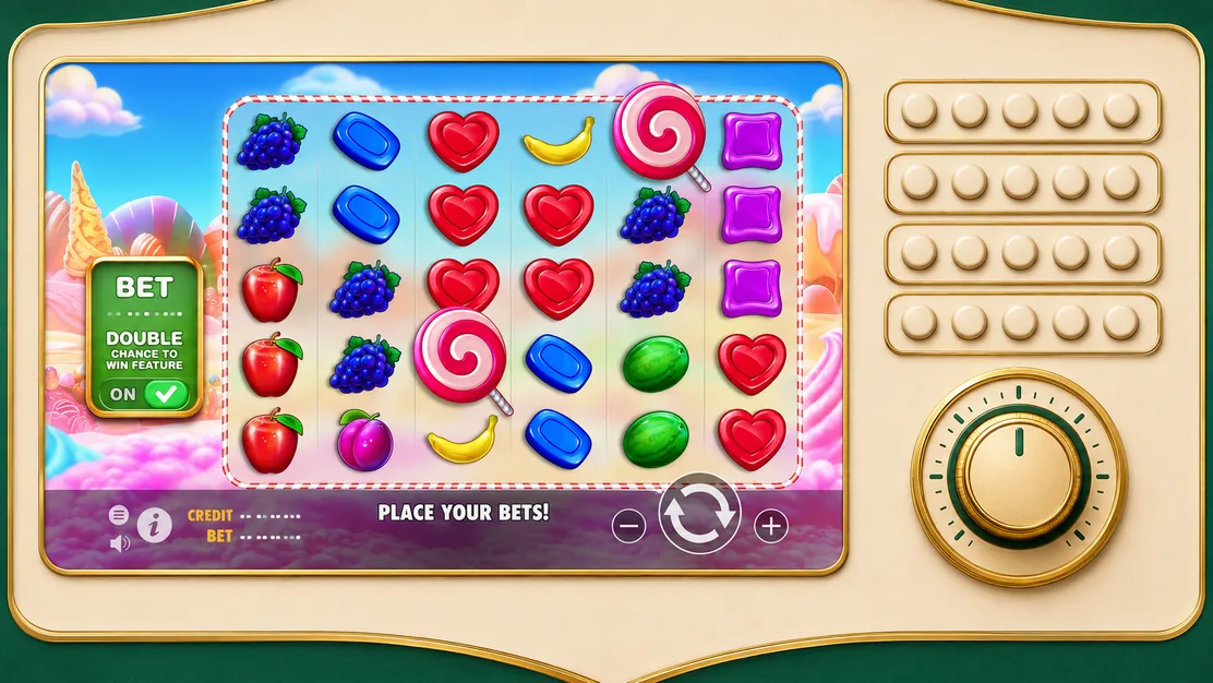 Pantalla de Sweet Bonanza junto a veinte marcadores de ronda y un control de apuesta para medir el ritmo
