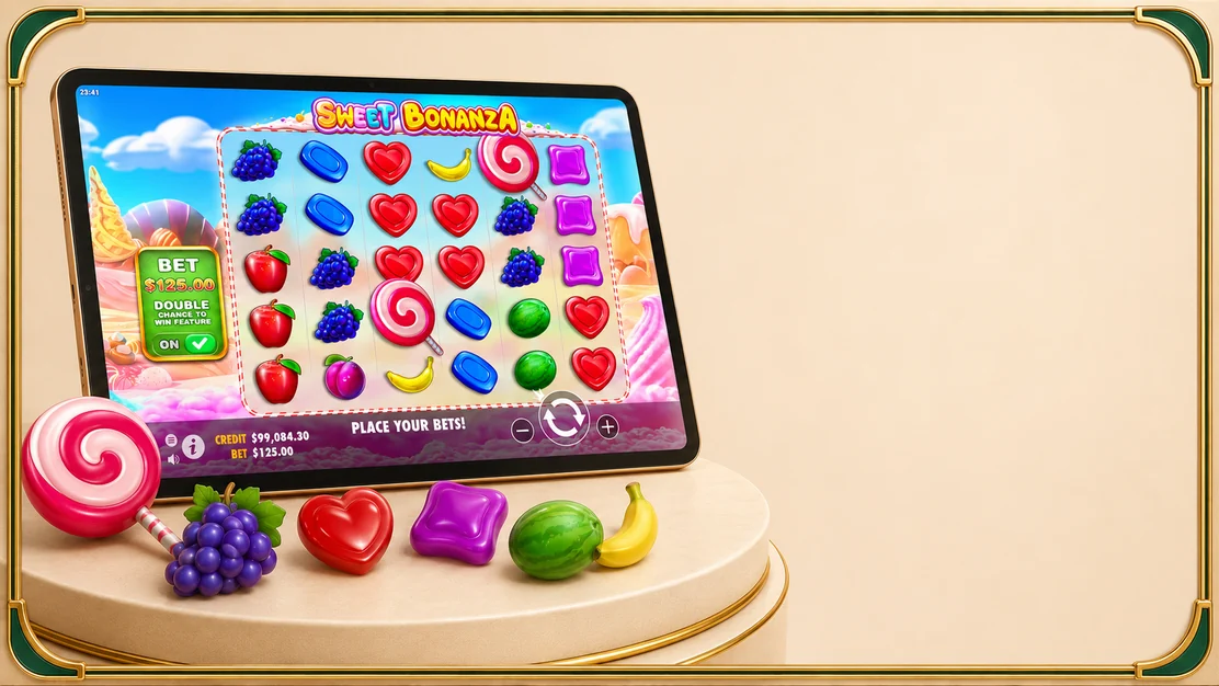 Tableta con la interfaz original de Sweet Bonanza y espacio editorial para una invitación a jugar
