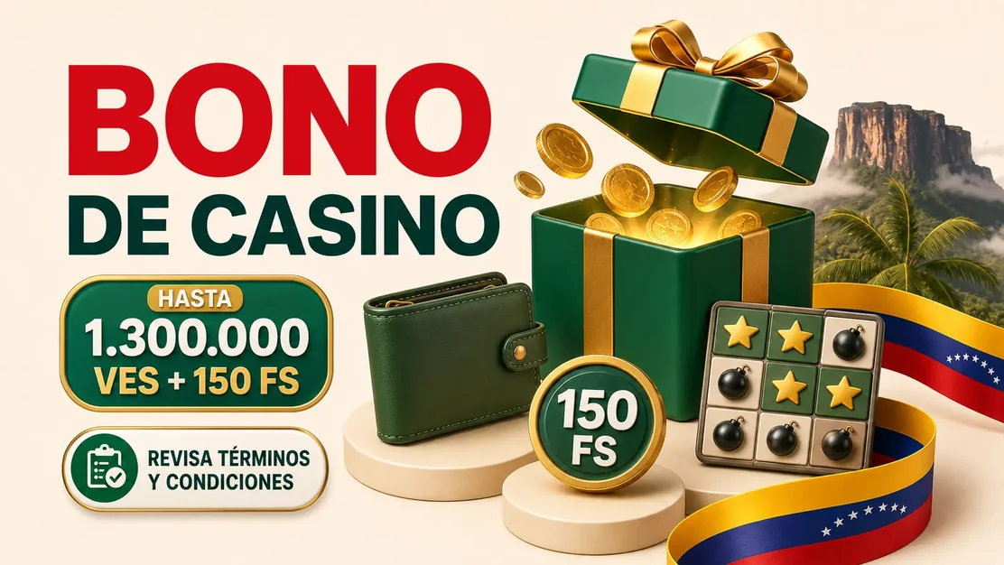 Paquete de bono de casino junto a un tablero Mines en Venezuela